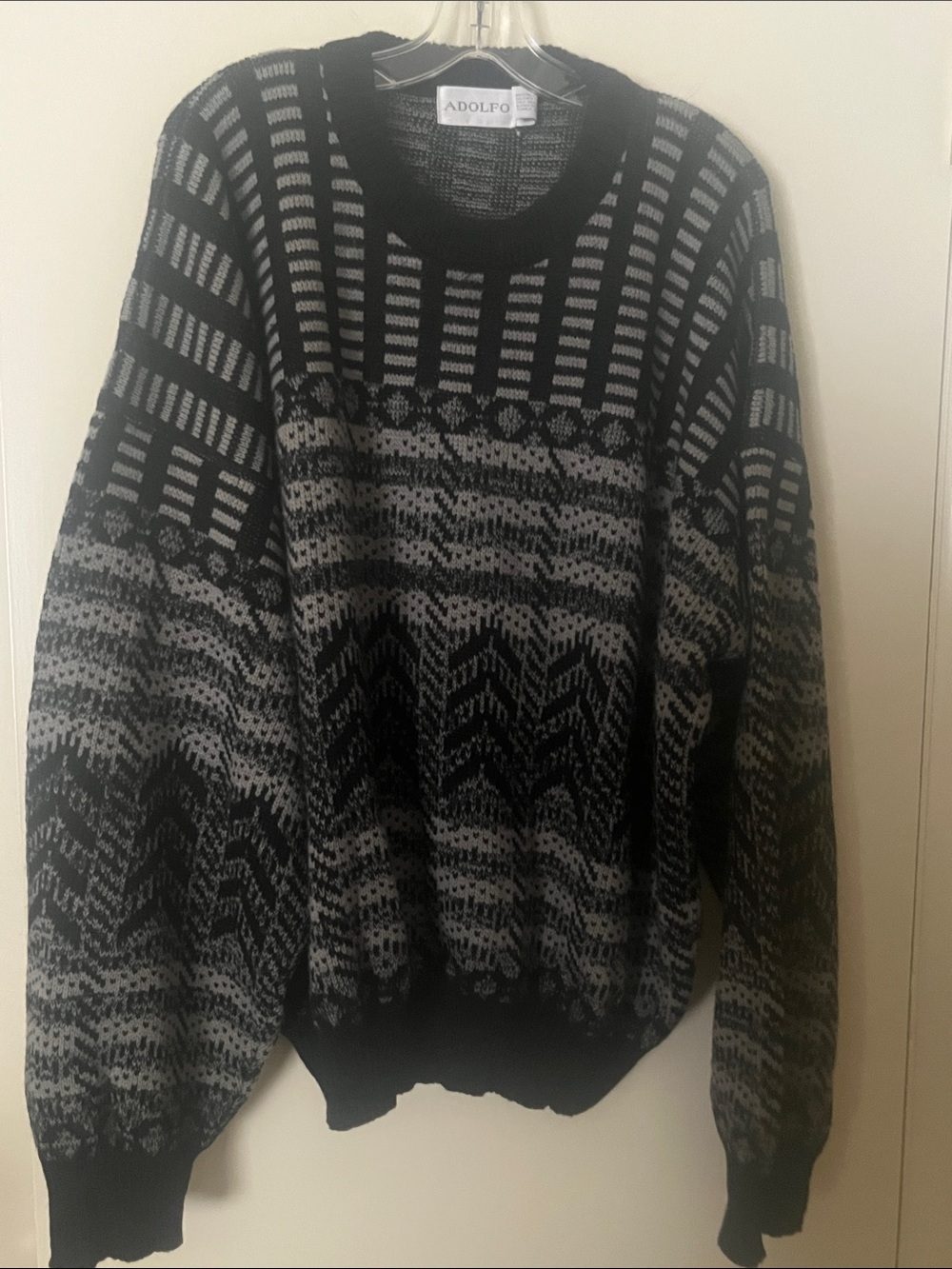 Adolfo Black and Gray Geometric Crewneck Sweater